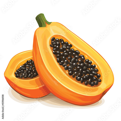Detailed Vector Illustration of Fresh Ripe Papaya Fruit Isolated on White Background