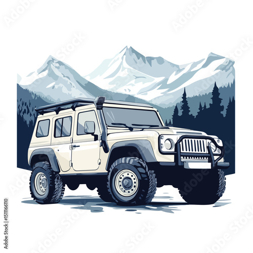 Off-Road SUV Sport Vehicle Driving Through Mountain Landscape Vector Illustration