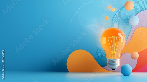 Creative Orange Lightbulb Surrounded by Pastel Spheres and Geometric Shapes on Blue
