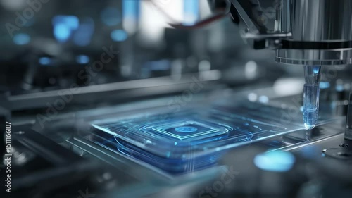 Precision engineering in semiconductor manufacturing involves a robotic arm carefully depositing niobium tin solution onto a substrate, highlighted by futuristic holographic interface projections