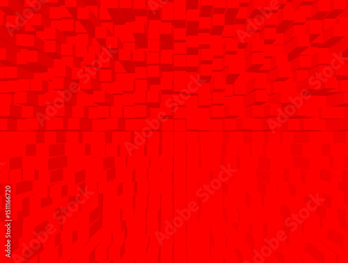 Fototapeta Naklejka Na Ścianę i Meble -  A fantasy landscape of extruded red blocks in 3D illustration. 3D red abstract background with extruded rectangular blocks arranged in a grid-like pattern. The perspective creates a tunnel-like effect