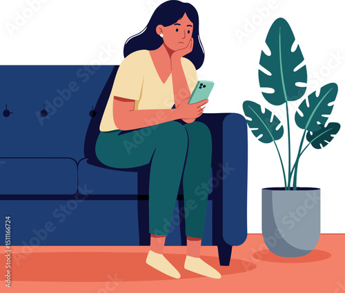 Woman Sitting on Blue Sofa Holding Phone with Potted Plant Indoor Scene Vector Illustration 