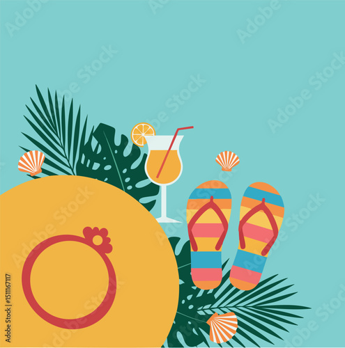Wallpaper Mural Summer beach hat flip flops tropical leaves cocktail vector illustration design  Torontodigital.ca