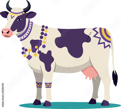 Cow with decorative purple and yellow patterns standing on blue ground vector illustration 
