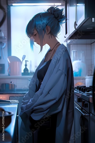 Young woman blue hair kitchen counter calm serene atmosphere