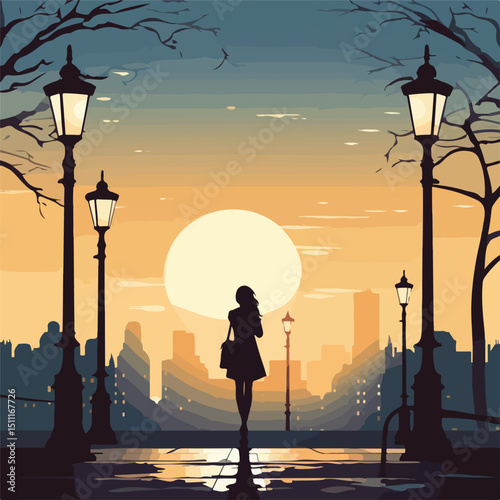Urban businesswoman standing with a briefcase and street lamp in the cityscape