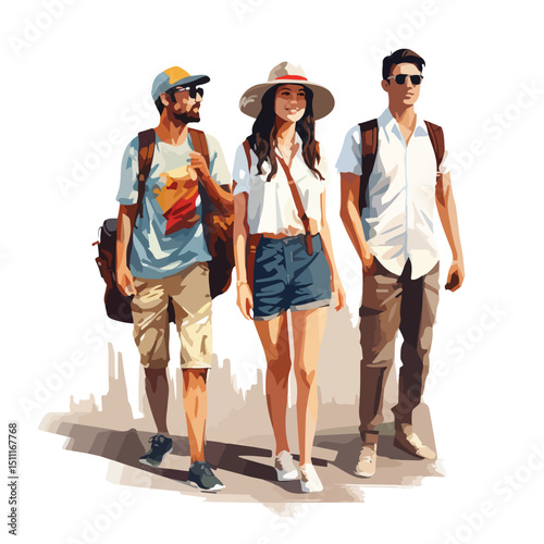 Group of Travelers with Woman Tourist in Hat and Shirt Exploring Together Vector Illustration