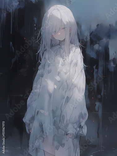 Anime illustration of a young girl with blue eyes and long white hair in misty underwater environment, translucent white dress.