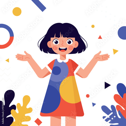 Happy little girl in colorful geometric dress with playful shapes vector illustration 