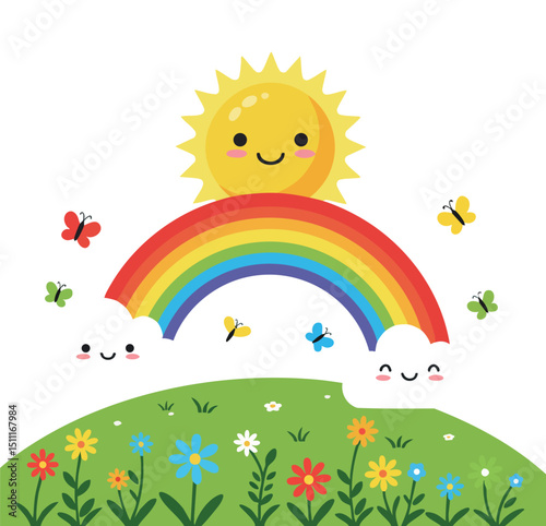 Smiling sun with colorful rainbow over green hill with flowers and butterflies vector illustration 