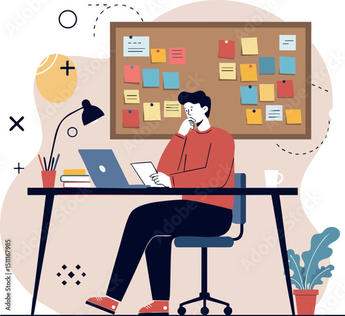 Man working at desk with laptop and notes in office workspace vector illustration 