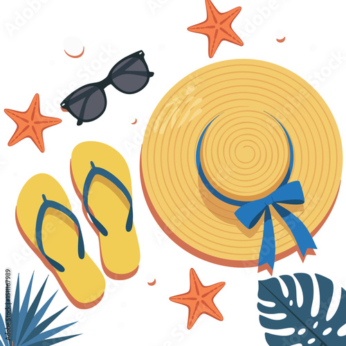 Summer beach accessories with straw hat flip flops sunglasses and starfish vector illustration 