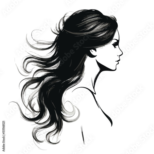 Elegant Faceless Young Woman Profile Silhouette on Black and White Background