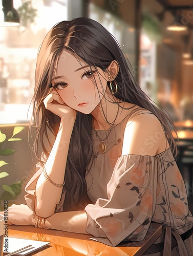 Young woman with thoughtful expression sits in cozy cafe wearing floral dress.