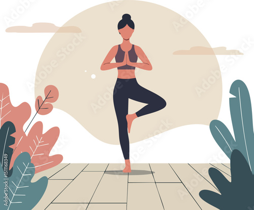 Woman practicing yoga tree pose in outdoor natural setting with plants and clouds vector illustration 
