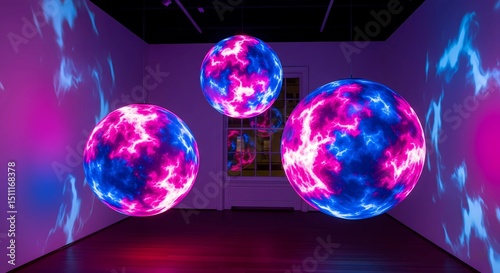 Glowing Spheres in Room with Abstract Light Projection