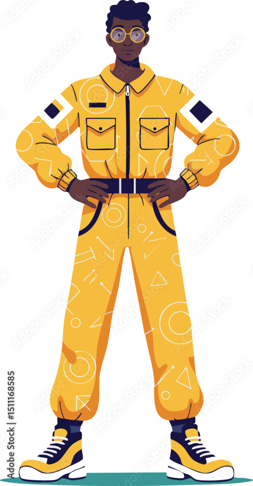 Fototapeta premium Young confident man in yellow jumpsuit standing with hands on hips vector illustration 