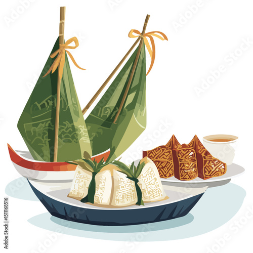 Traditional Zongzi and Dragon Boat Celebration Vector Illustration for Festive Designs