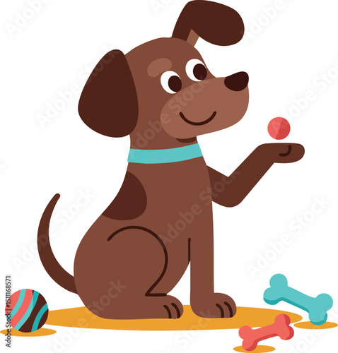 Brown dog sitting with toys and ball in playful pose vector illustration 
