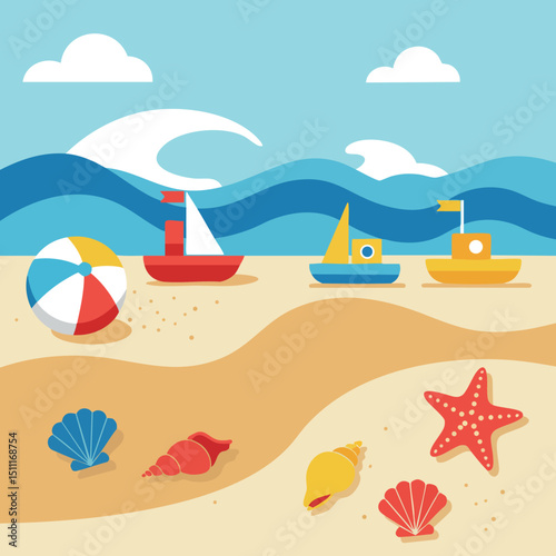 Beach scene with colorful sailboats seashells starfish and beach ball vector illustration 