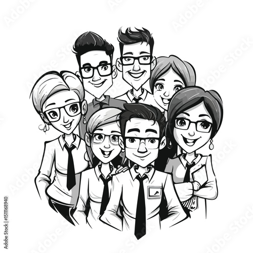 Professional Cartoon Illustration of Coworkers Collaborating in Black and White for Business Presentations