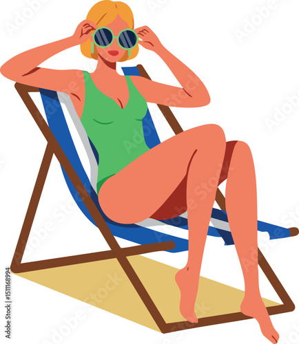 Woman relaxing on blue striped deck chair in green swimsuit summer outdoors 