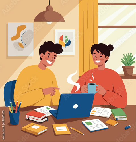 Two young people studying together with laptop and books in cozy room with yellow curtain and plant 
