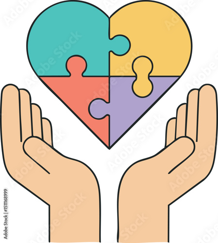 Heart shaped puzzle pieces held by hands symbolizing care and connection vector illustration 