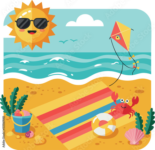 Sunny beach scene with colorful mat crab and kite flying near ocean waves vector 