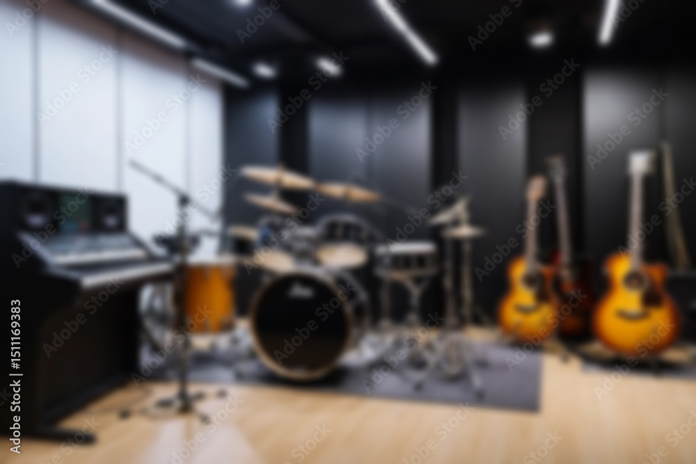 Fototapeta premium Blurred music studio interior, featuring musical instruments such as guitars and drums neatly lined up, modern classical theme, blurred music studio background.