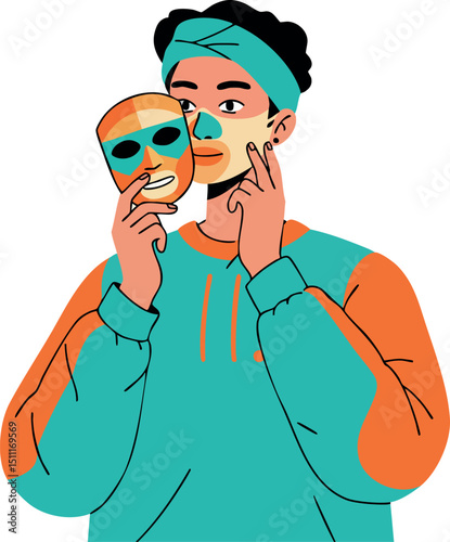 Young man holding theatrical mask in orange and turquoise casual outfit vector illustration 