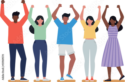 Diverse group of happy people raising hands in celebration and joy vector illustration 