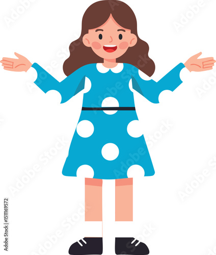 Girl in blue polka dot dress with outstretched arms cheerful expression vector illustration 