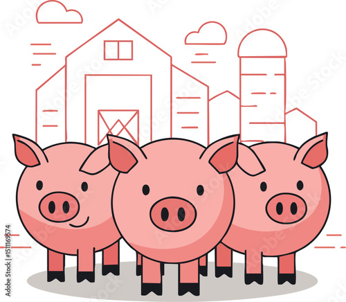 Three cute pink pigs standing in front of a barn farm animals vector illustration 