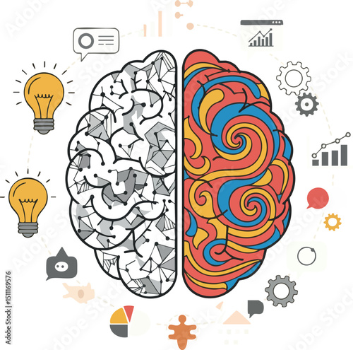 Human brain with creative colorful right side and analytical grayscale left side vector illustration 