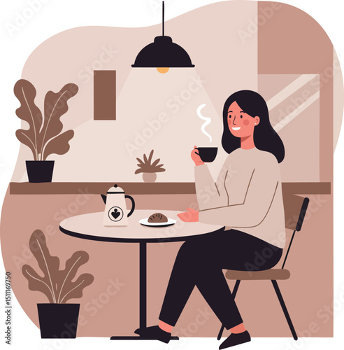 Woman Enjoying Coffee and Pastry in Cozy Modern Cafe Interior Vector Illustration 