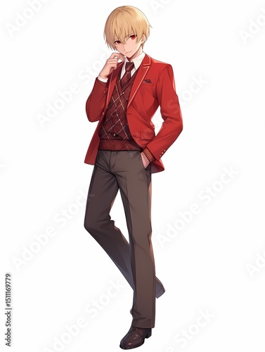 A young male with blonde hair and red eyes, dressed in a school uniform, stands against a white background, looking directly at the viewer.