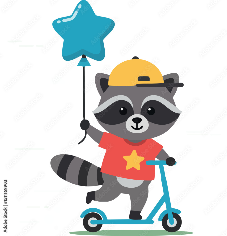 Fototapeta premium Raccoon riding blue scooter holding star shaped balloon in yellow cap and red shirt vector illustration 