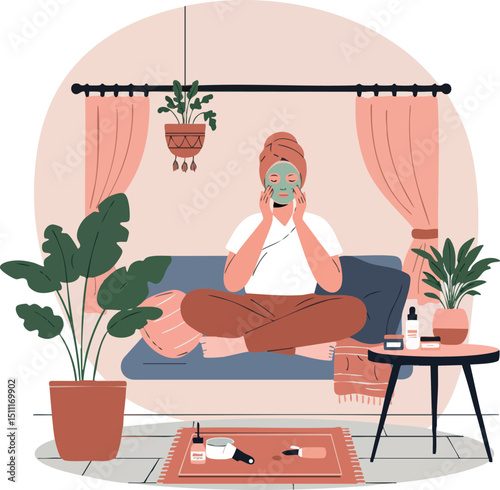 Woman Enjoying Facial Mask Skincare Routine in Cozy Living Room Vector Illustration 