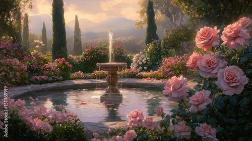 Serene rose garden fountain