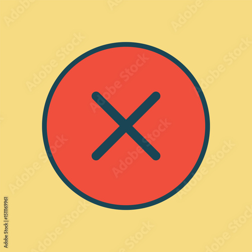 Flat Design Red Button with Cross Sign Inside Dark Border on Light Yellow Backdrop for Alert or Denied Status