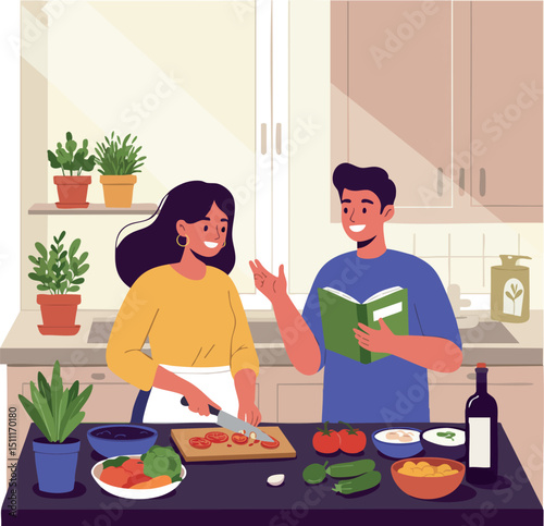 Couple cooking together in kitchen preparing fresh vegetables and enjoying meal preparation process 