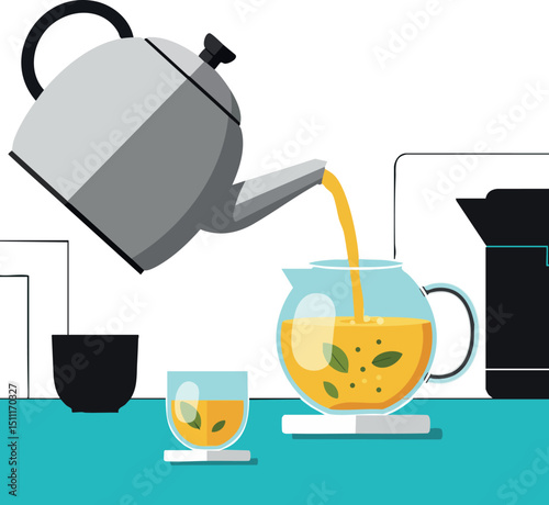 Tea kettle pouring tea into glass teapot with cup and coffee maker illustration 