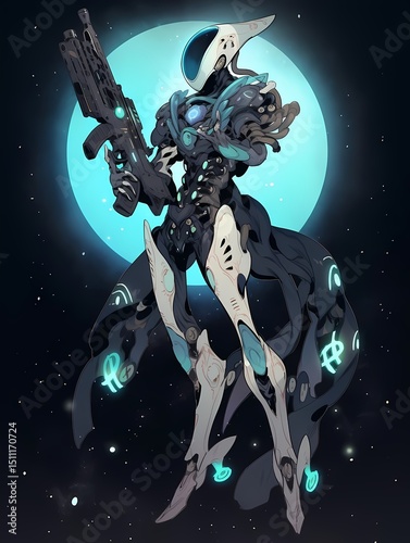 Pale blue humanoid robot with rifle in space
