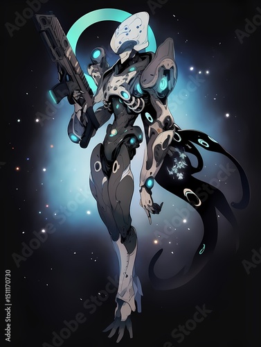 Anime illustration of a humanoid robot, mechanical and organic elements, poised for action in starry night sky, rifle in hand.