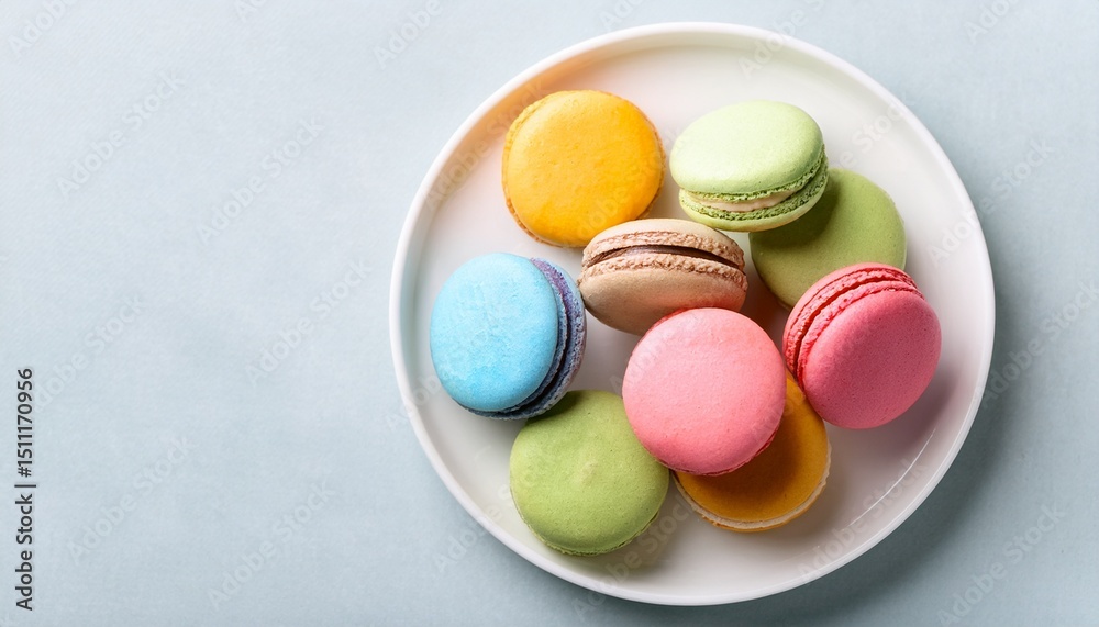 “Top view of colorful macarons on clean white plate” “Top view of colorful macarons on clean white plate”