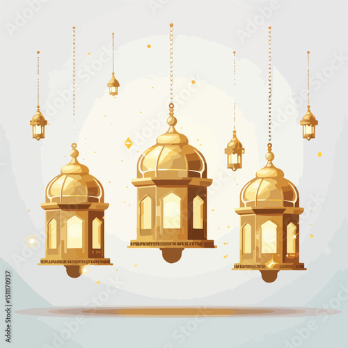 Islamic Hajj Mabrour Celebration with Hanging Golden Lanterns for Festive Events
