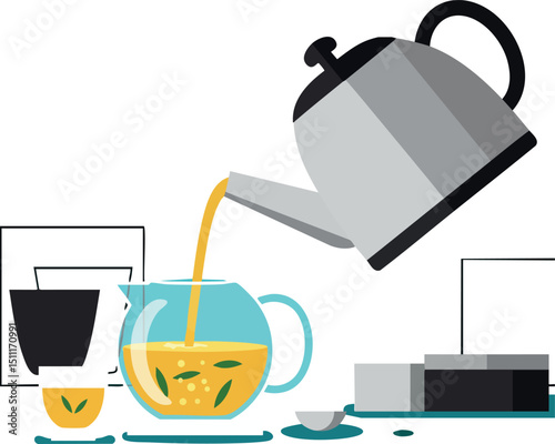 Tea kettle pouring herbal tea into glass teapot with cups and tea box vector illustration 