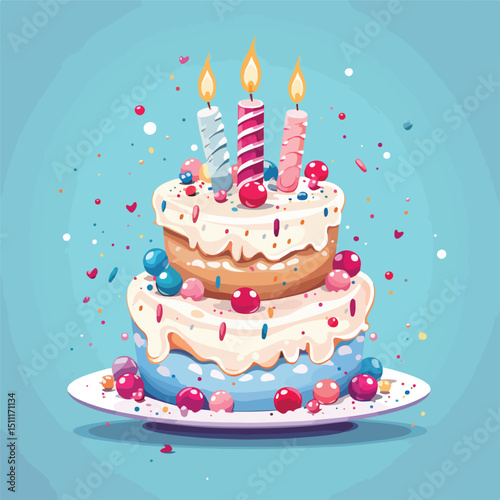 Colorful Happy Birthday Cake Piece with Candle and Garland Celebration Vector Illustration