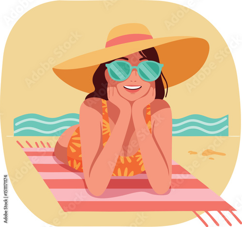 Woman Relaxing on Beach Towel Wearing Sun Hat and Sunglasses Vector Illustration 